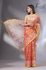 Rustic Elegance with yellow border organza muslin handloom jacquard jamdani saree