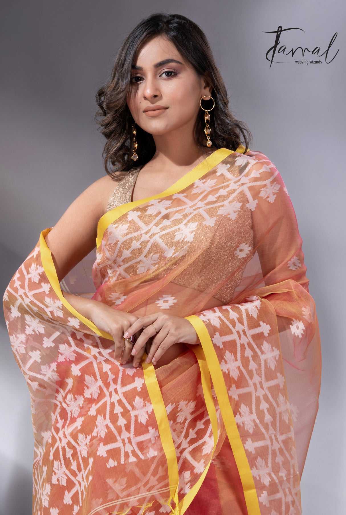 Rustic Elegance with yellow border organza muslin handloom jacquard jamdani saree