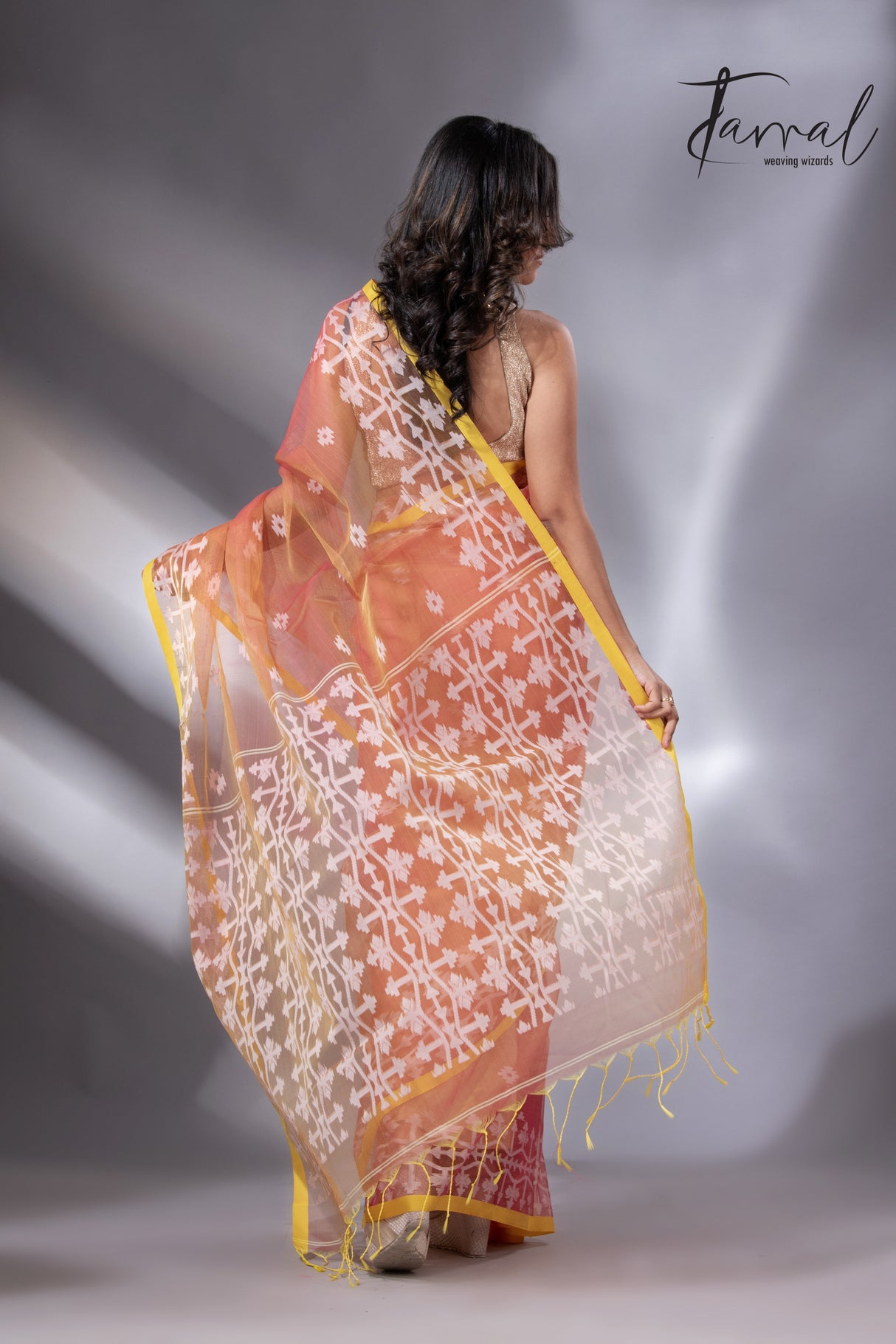 Rustic Elegance with yellow border organza muslin handloom jacquard jamdani saree