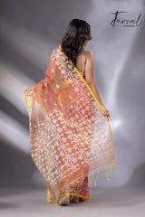 Rustic Elegance with yellow border organza muslin handloom jacquard jamdani saree