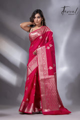 Hot pink with zari work organza silk leafy banarasi handloom saree