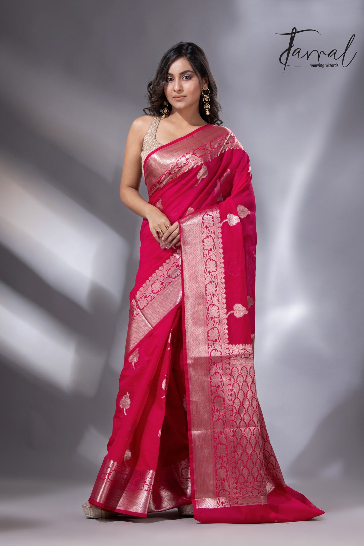 Hot pink with zari work organza silk leafy banarasi handloom saree