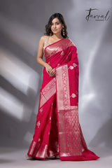 Hot pink with zari work organza silk leafy banarasi handloom saree