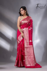 Hot pink with zari work organza silk leafy banarasi handloom saree