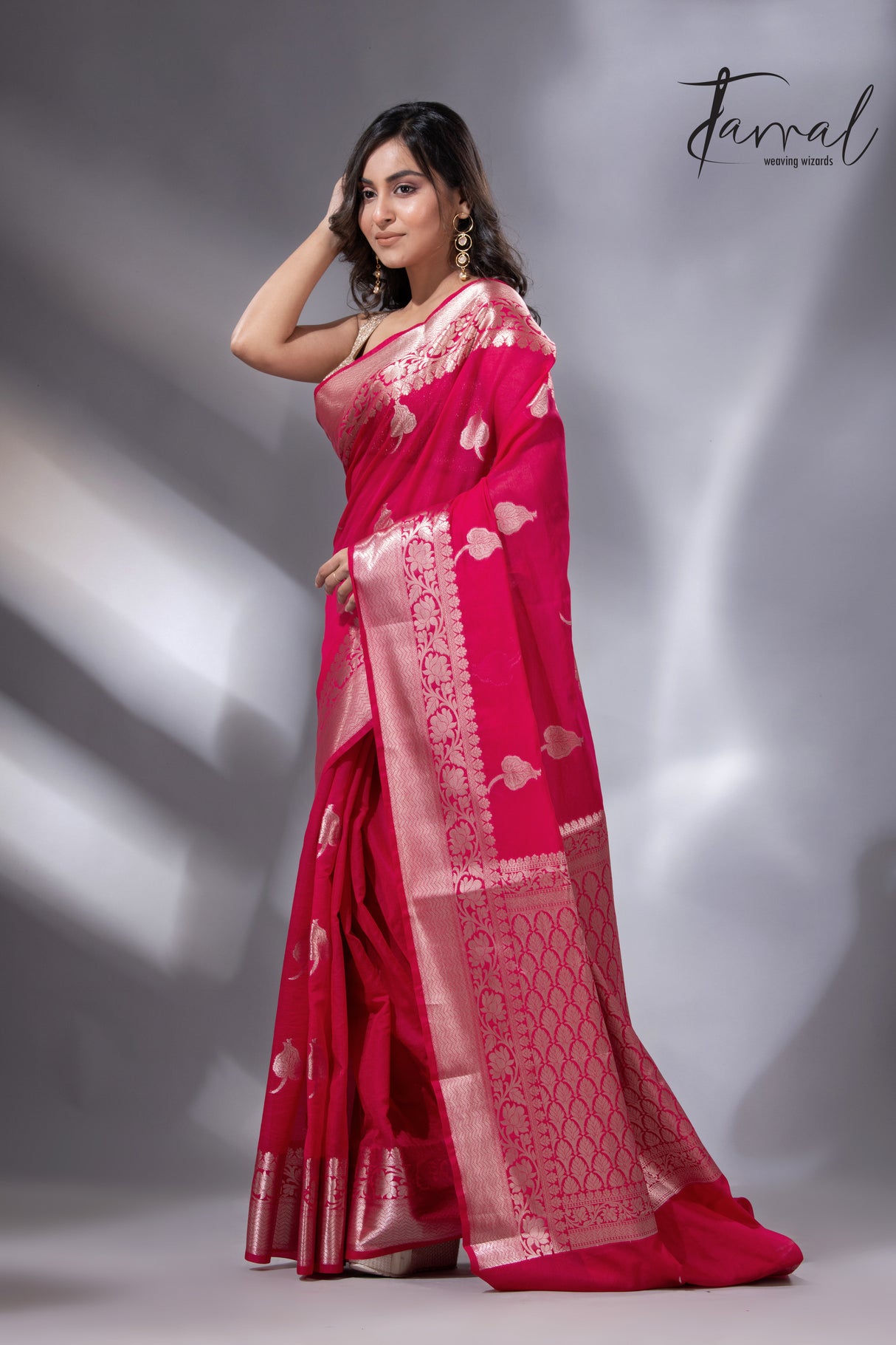 Hot pink with zari work organza silk leafy banarasi handloom saree