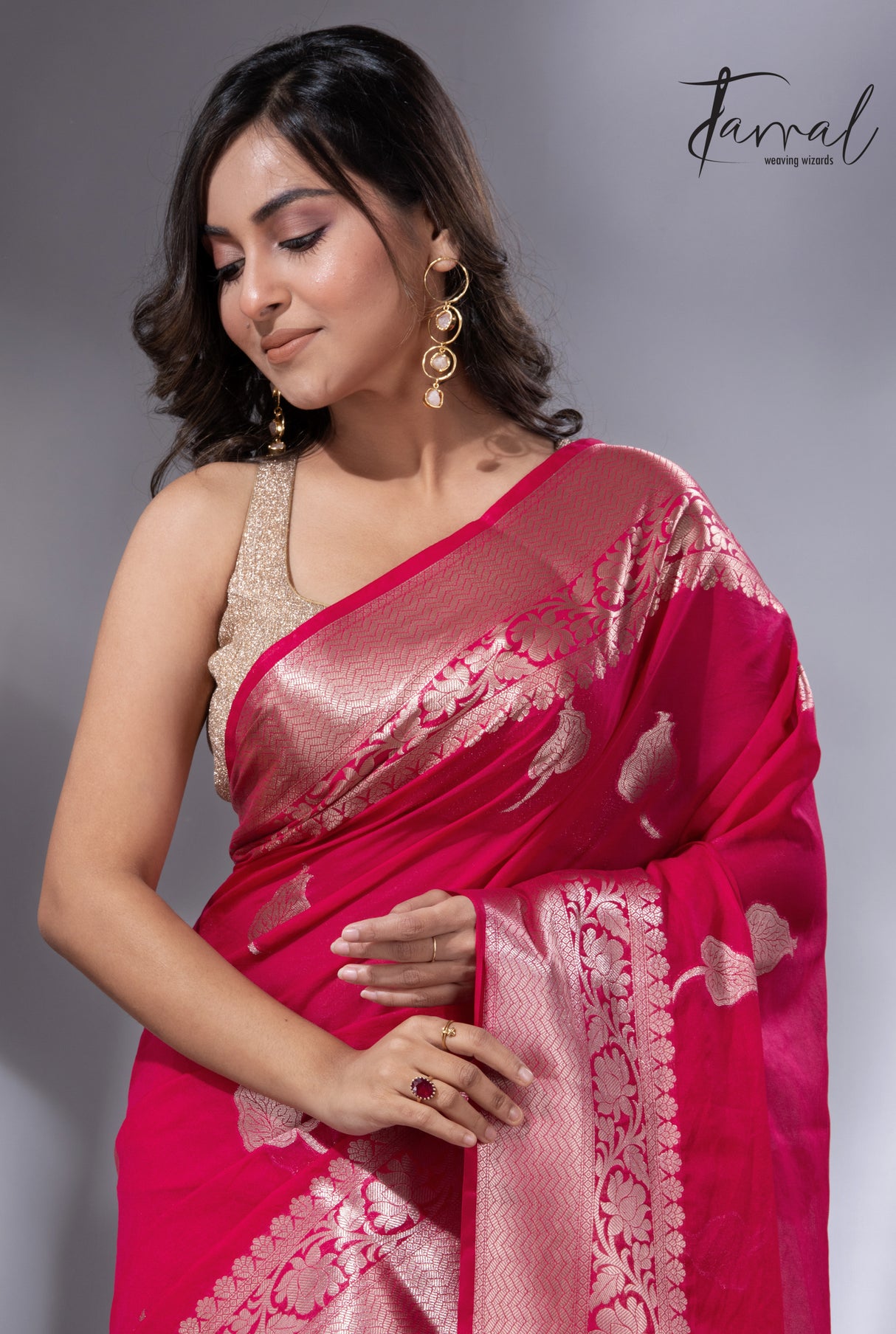 Hot pink with zari work organza silk leafy banarasi handloom saree