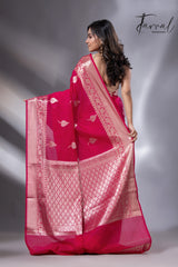 Hot pink with zari work organza silk leafy banarasi handloom saree