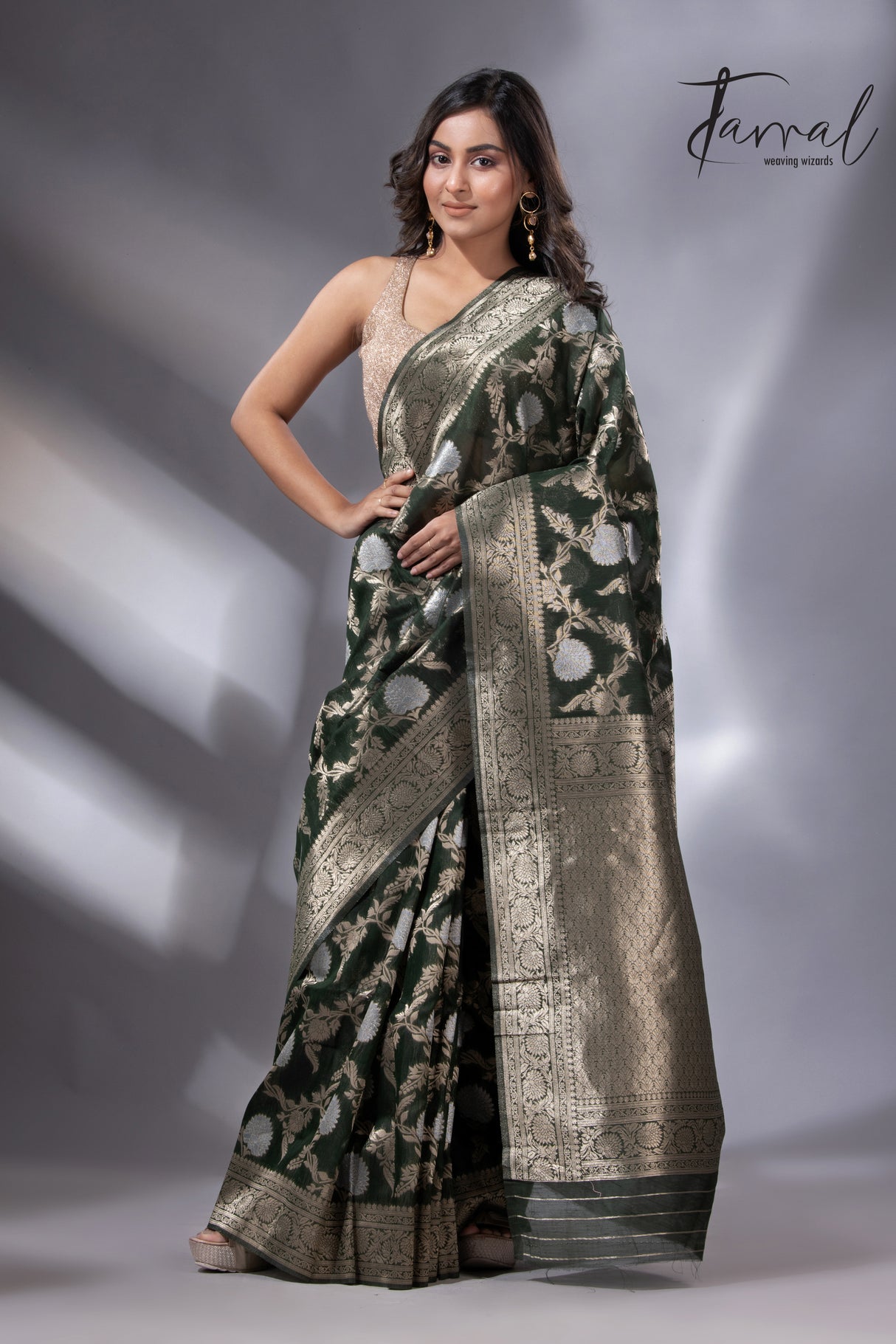 Dark bottle green with golden & silver zari allover cotton linen handloom saree