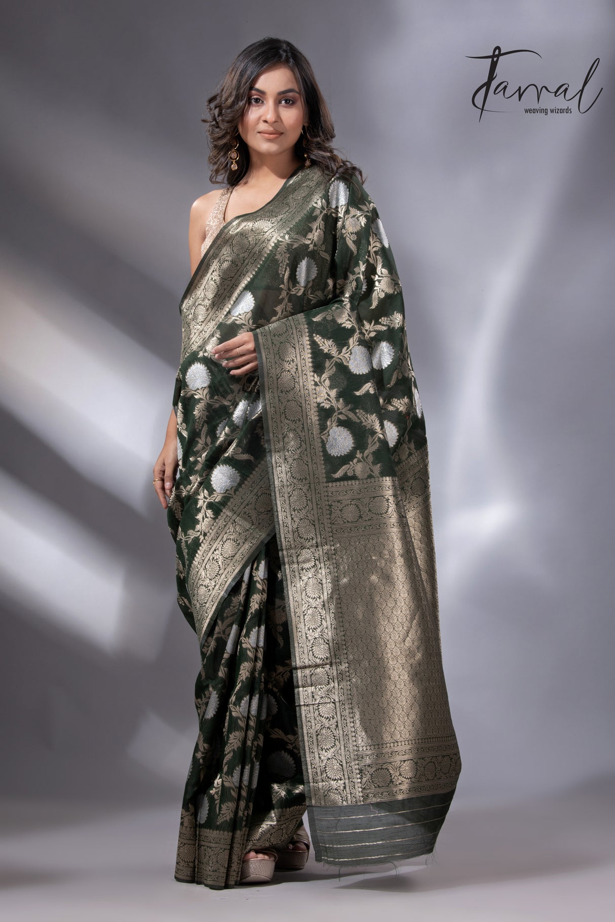 Dark bottle green with golden & silver zari allover cotton linen handloom saree