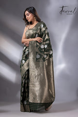 Dark bottle green with golden & silver zari allover cotton linen handloom saree