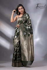 Dark bottle green with golden & silver zari allover cotton linen handloom saree