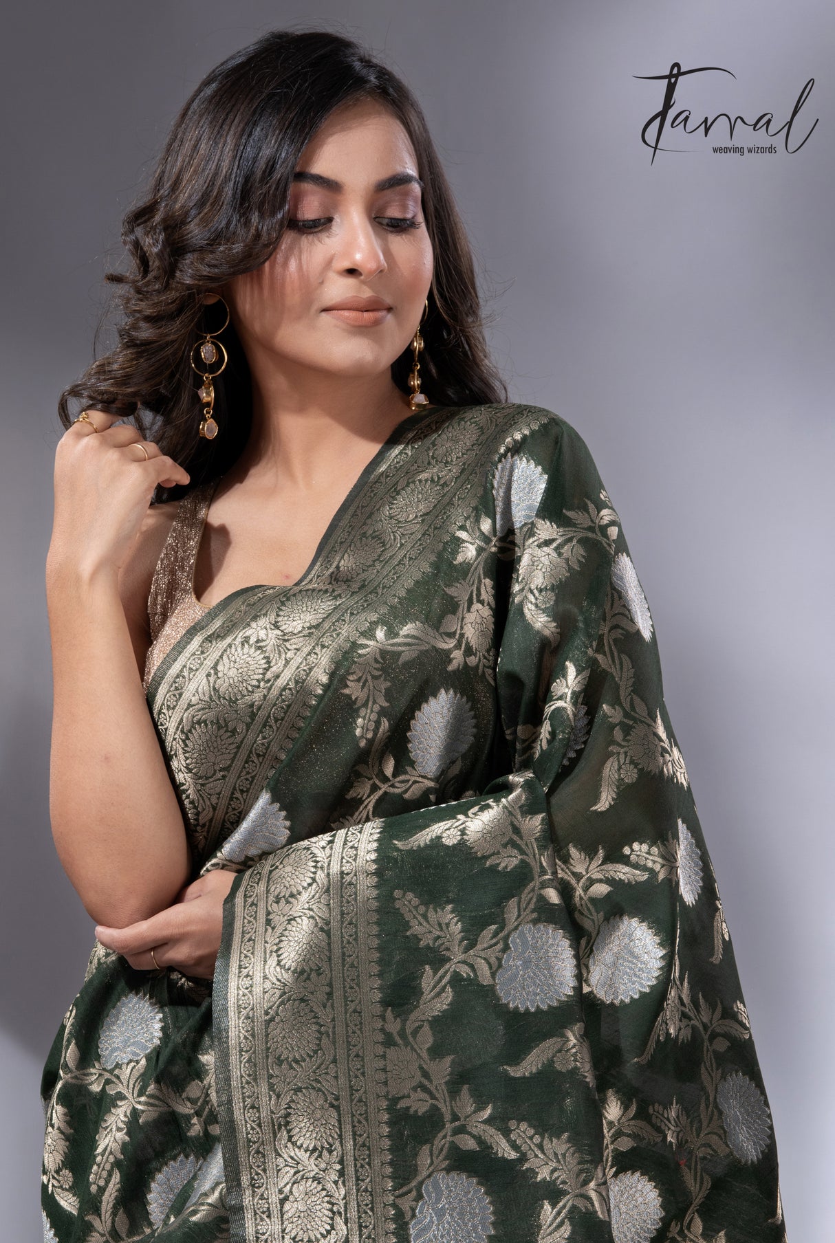 Dark bottle green with golden & silver zari allover cotton linen handloom saree