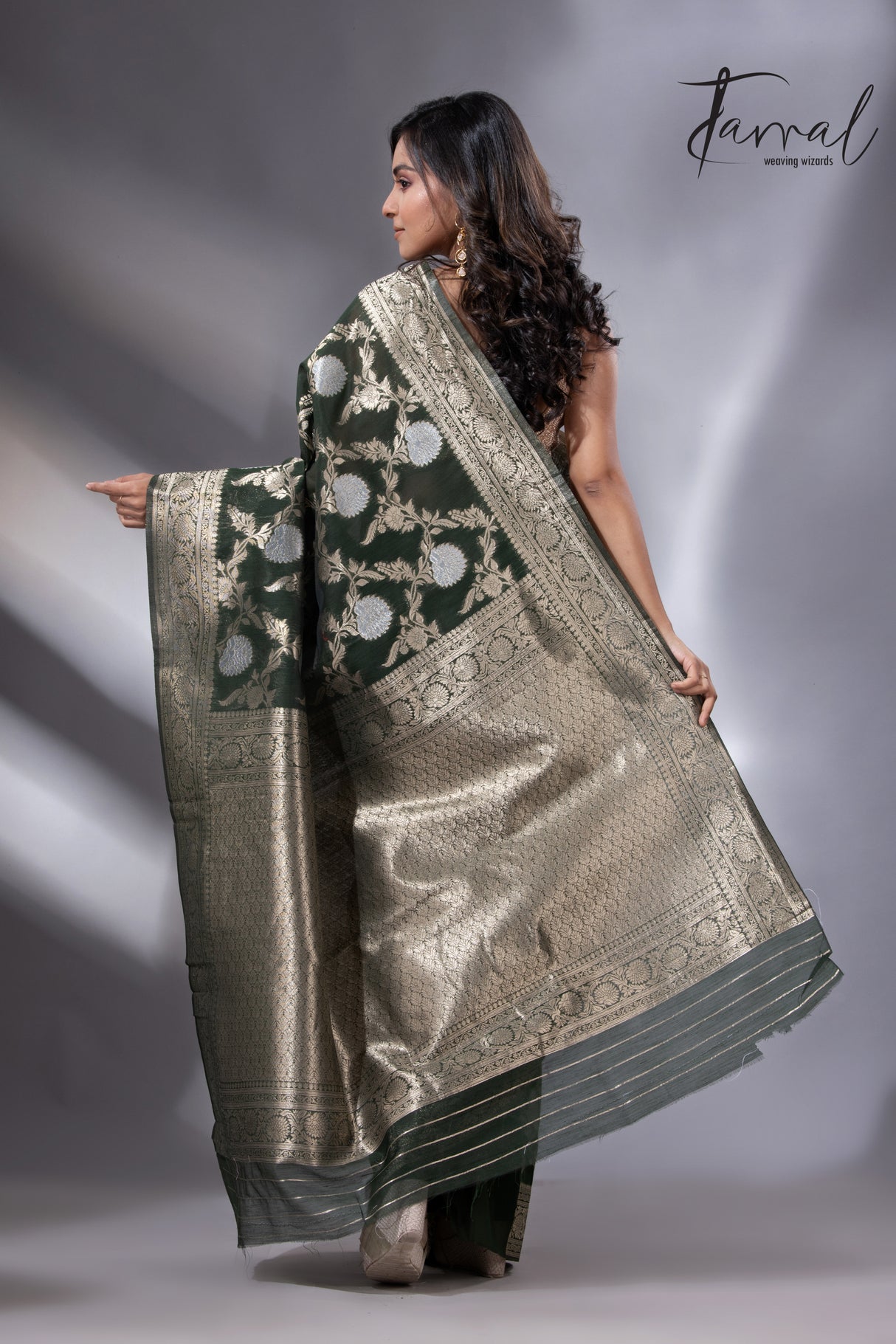 Dark bottle green with golden & silver zari allover cotton linen handloom saree