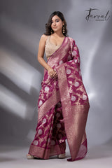 Magenta with golden & silver zari allover cotton linen handloom saree