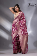 Magenta with golden & silver zari allover cotton linen handloom saree