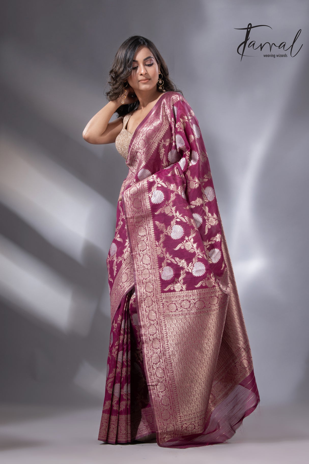 Magenta with golden & silver zari allover cotton linen handloom saree