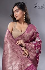 Magenta with golden & silver zari allover cotton linen handloom saree