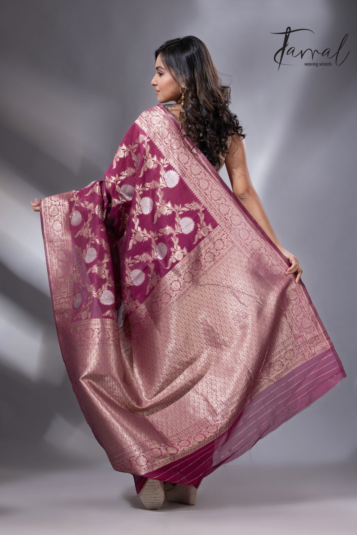 Magenta with golden & silver zari allover cotton linen handloom saree