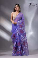 Purple with maroon wide floral border muslin silk handwoven jamdani saree - Tamal Boutique