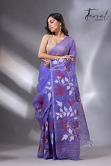 Purple with maroon wide floral border muslin silk handwoven jamdani saree - Tamal Boutique