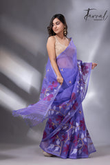 Purple with maroon wide floral border muslin silk handwoven jamdani saree - Tamal Boutique