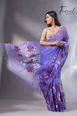 Purple with maroon wide floral border muslin silk handwoven jamdani saree - Tamal Boutique