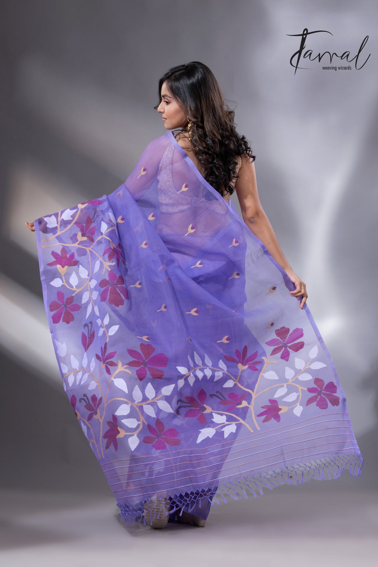 Purple with maroon wide floral border muslin silk handwoven jamdani saree - Tamal Boutique