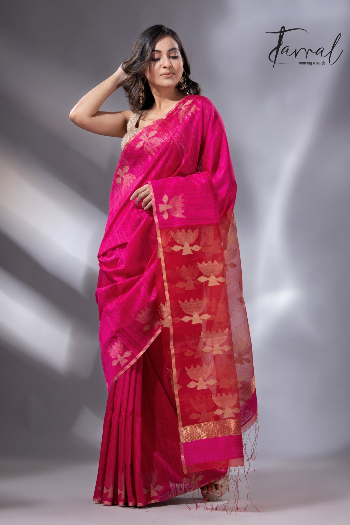 Hot pink with zari golden lotus matka silk handwoven jamdani saree