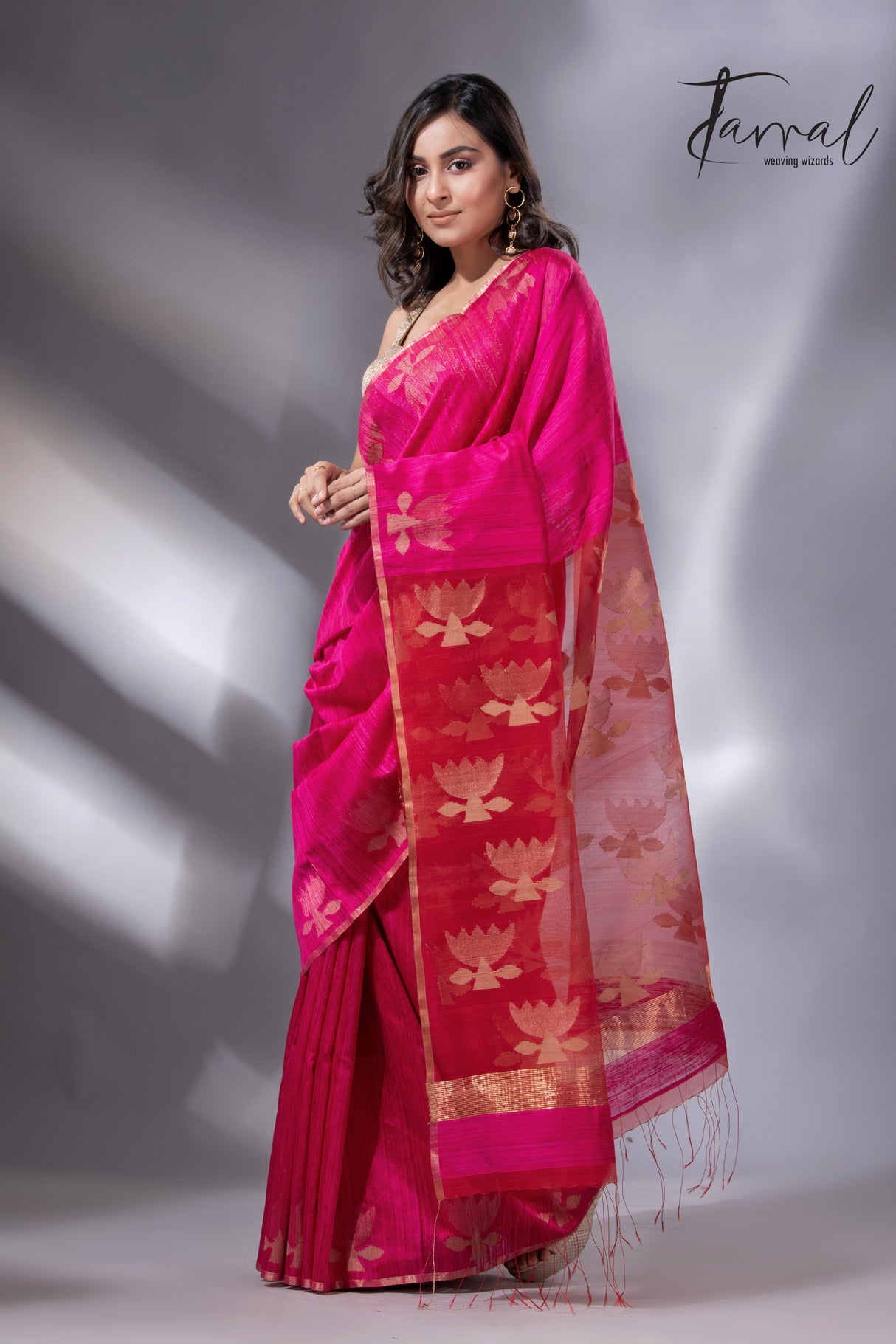 Hot pink with zari golden lotus matka silk handwoven jamdani saree