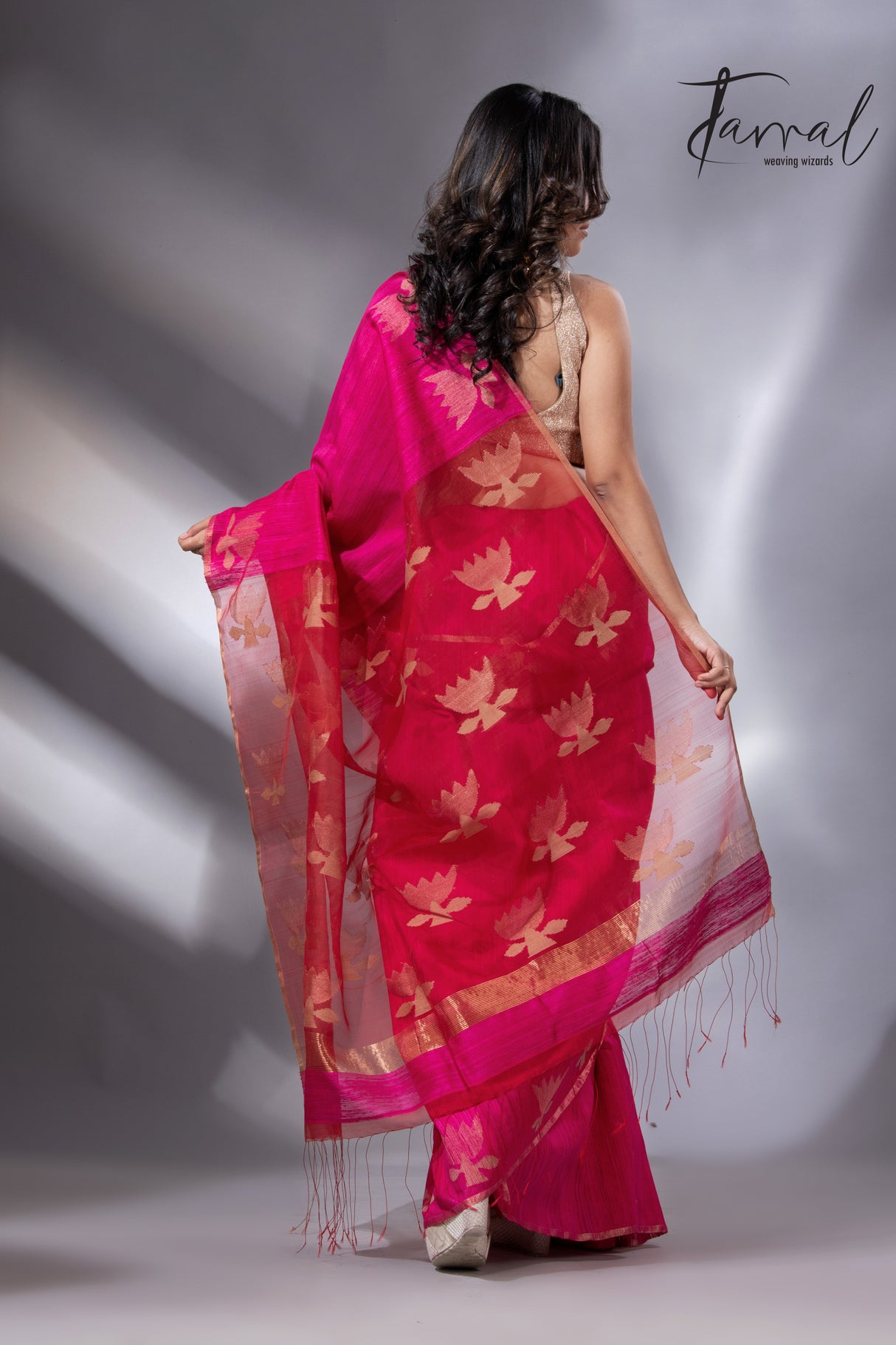 Hot pink with zari golden lotus matka silk handwoven jamdani saree