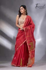 Red with zari border tissue silk linen lotus handwoven jamdani saree