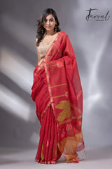 Red with zari border tissue silk linen lotus handwoven jamdani saree