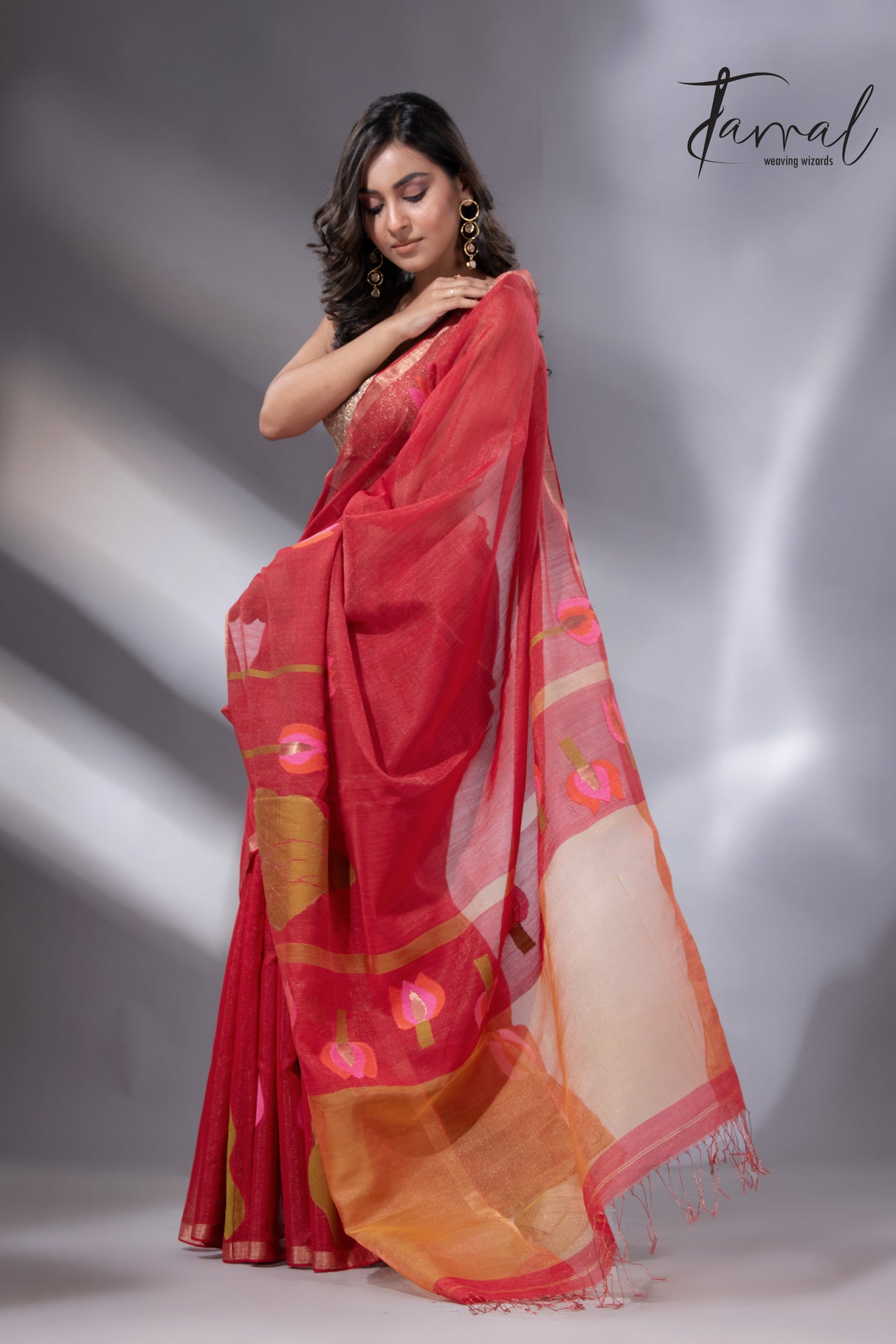 Red with zari border tissue silk linen lotus handwoven jamdani saree