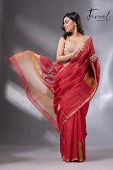 Red with zari border tissue silk linen lotus handwoven jamdani saree