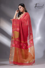 Red with zari border tissue silk linen lotus handwoven jamdani saree