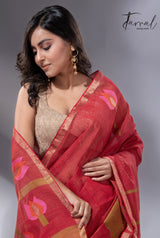 Red with zari border tissue silk linen lotus handwoven jamdani saree