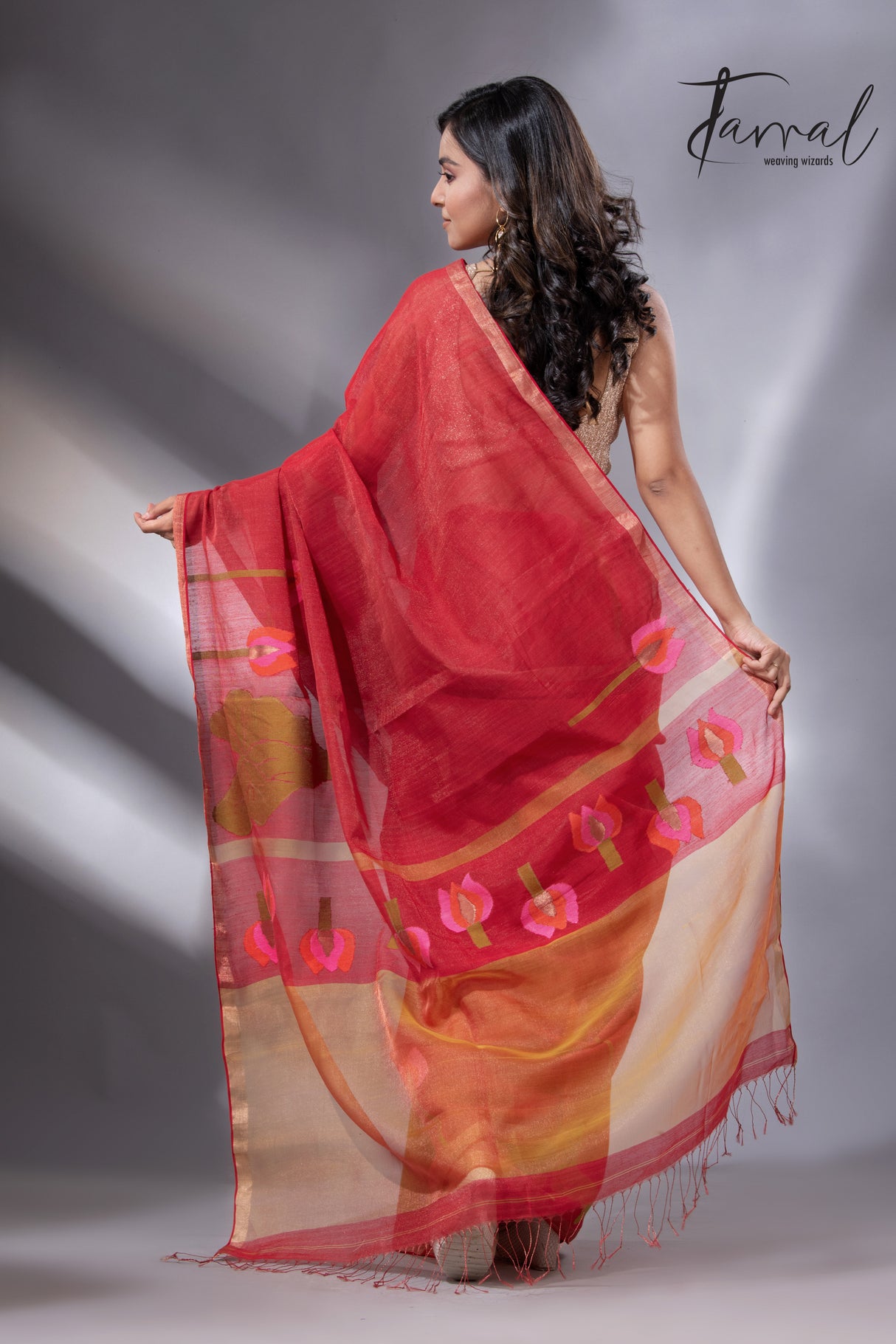 Red with zari border tissue silk linen lotus handwoven jamdani saree