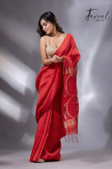 Red Lotus Elegance pallu silk linen handwoven jamdani saree