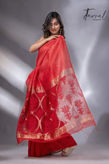 Red Lotus Elegance pallu silk linen handwoven jamdani saree