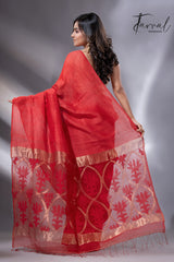 Red Lotus Elegance pallu silk linen handwoven jamdani saree