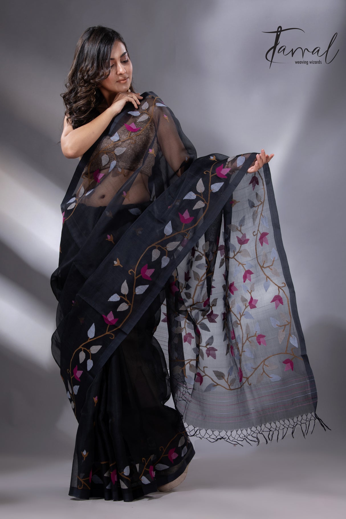 Black with multi colour muslin silk floral handwoven jamdani saree