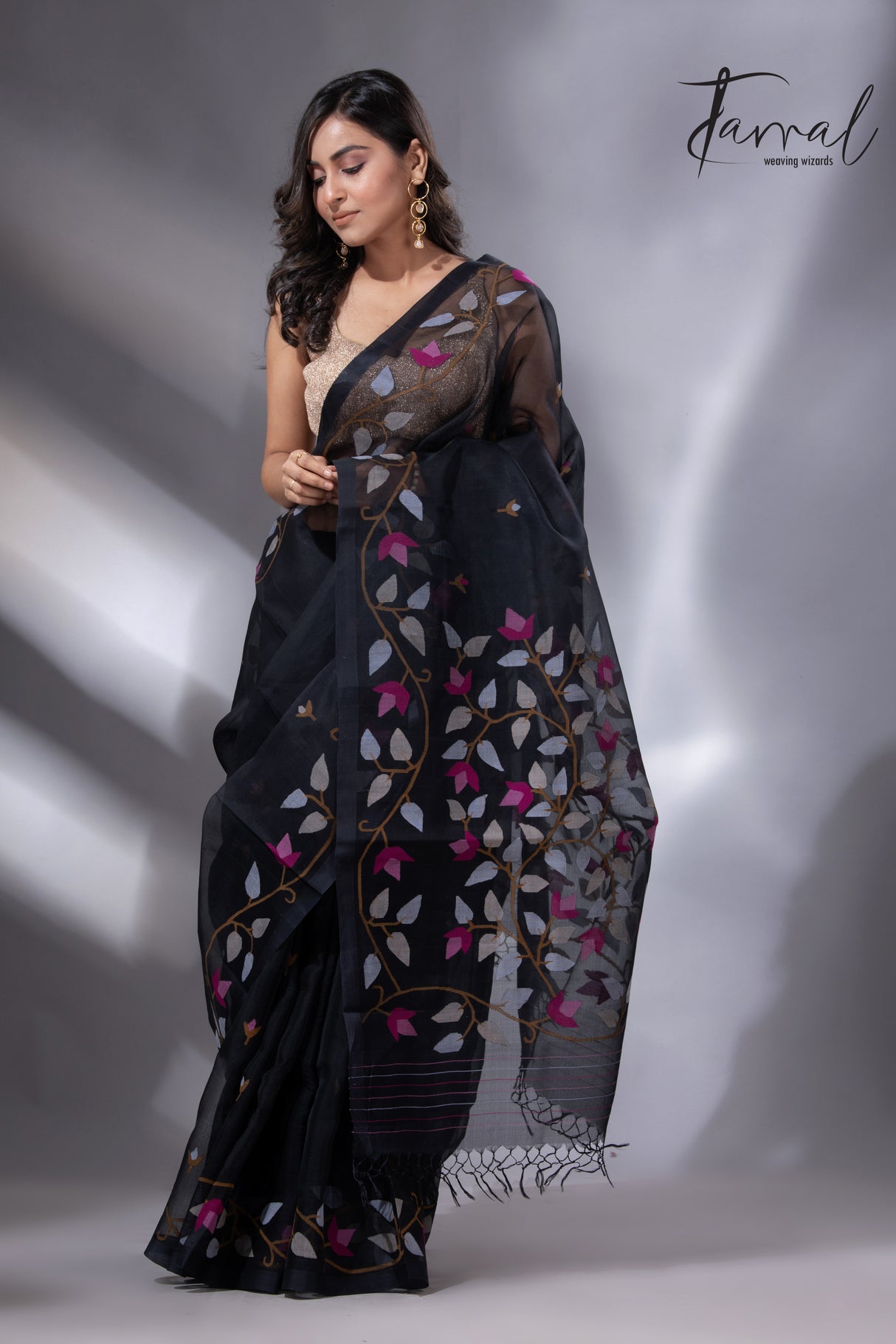 Black with multi colour muslin silk floral handwoven jamdani saree