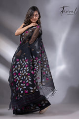 Black with multi colour muslin silk floral handwoven jamdani saree