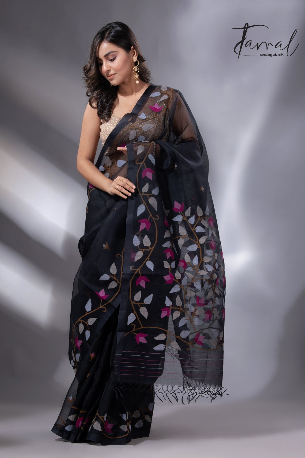 Black with multi colour muslin silk floral handwoven jamdani saree