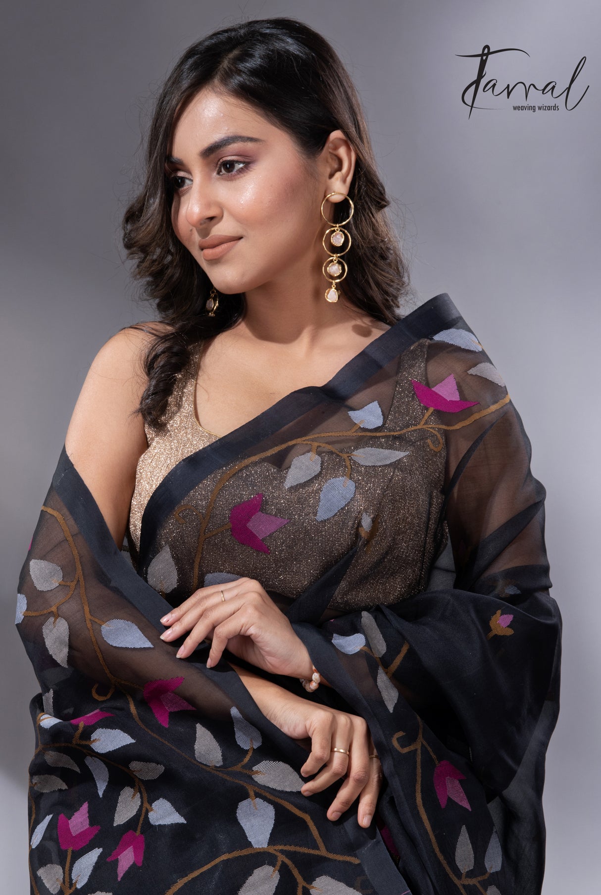 Black with multi colour muslin silk floral handwoven jamdani saree