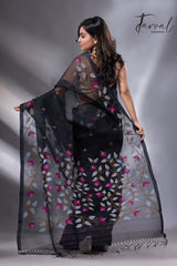 Black with multi colour muslin silk floral handwoven jamdani saree