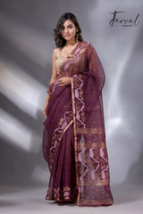 Chocolate brown with zari border traditional handwoven jamdani in muslin silk