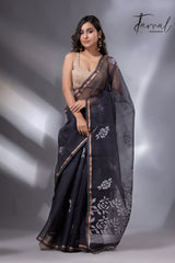 Black self rose motifs handwoven jamdani saree in muslin silk