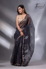 Black self rose motifs handwoven jamdani saree in muslin silk