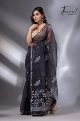 Black self rose motifs handwoven jamdani saree in muslin silk